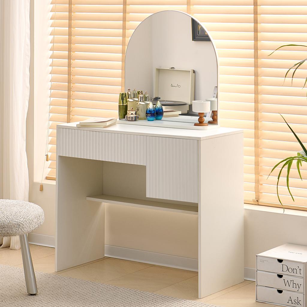 Schminktisch mit Spiegel - Moderner Schminktisch mit Schubladen und offenen Fächern, Weiß, H135/B90/T40cm