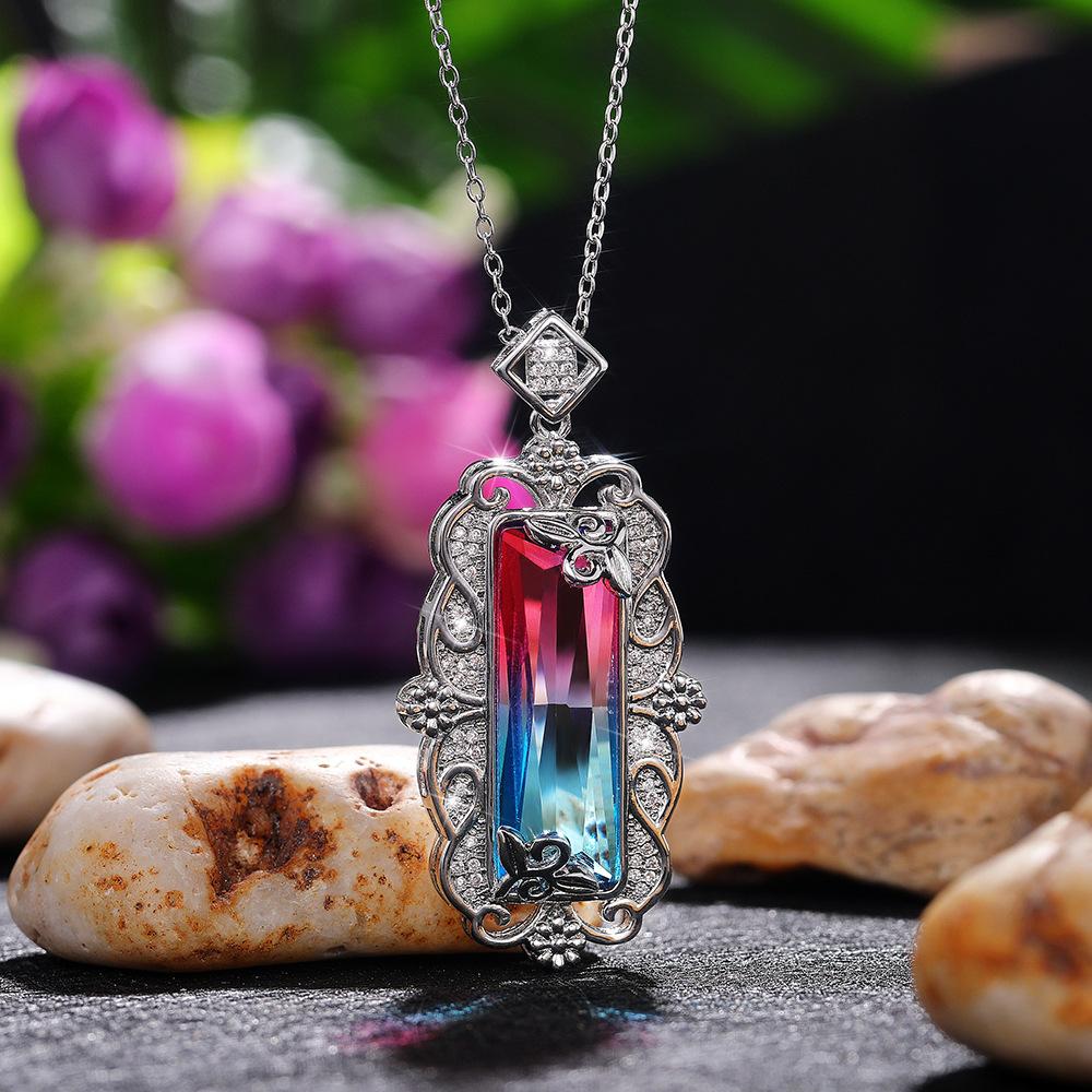 Silver Plated Marquise Cut Gradient CZ Pendant Necklace, Ornate Floral Vintage Cable Chain Necklace for Women