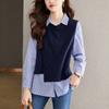 Splicing Fake Two-piece Striped Blouse Womens Long-sleeved Latest Relaxed Fit and Thin Top