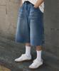 Beokeuldaun Simple Triple Stitched Standard Wide Fit Long Bermuda Denim Pants (Indigo)