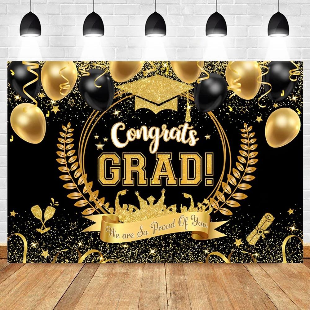 Golden Flash Black Balloon Banner Photography Background Cloth, Congratulations Graduation Ceremony Evening Photography Backdrop
