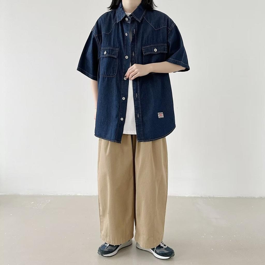 Japanese Retro Fashion Brand Summer Loose Denim Short Sleeved Shirt Artistic Youth Workwear Shirt Men'S And Women'S Layered Jacket