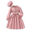 Girls' Long-Sleeved Long Dress 8-12 Years Autumn/Winter Long Dress with Collar Solid Colour Includes Belt and Hat