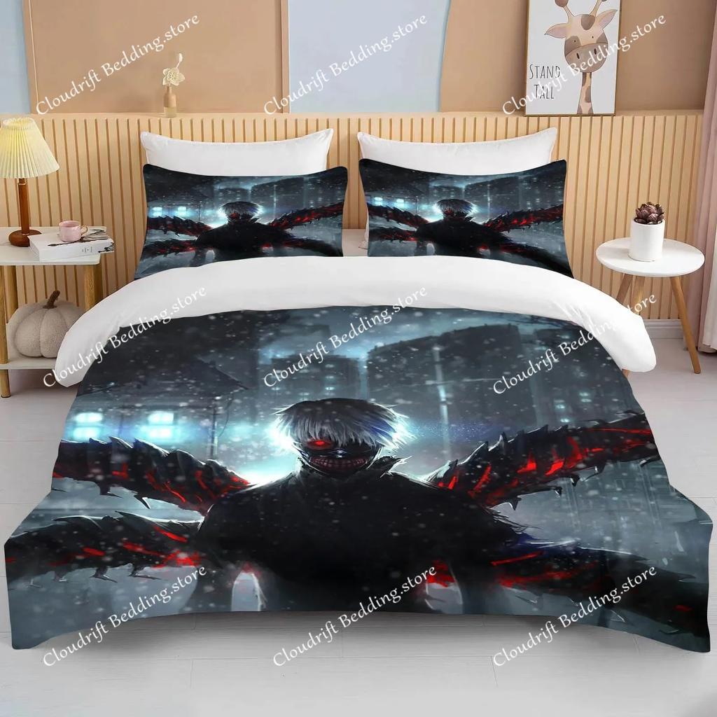 Neues Japan Tokyo Ghoul Bettwäscheset Kaneki Ken Anime Bettwäscheset Schwarz Weiß Bettbezugset Junge Heimtextil 3D Steppdecke Bettwäsche