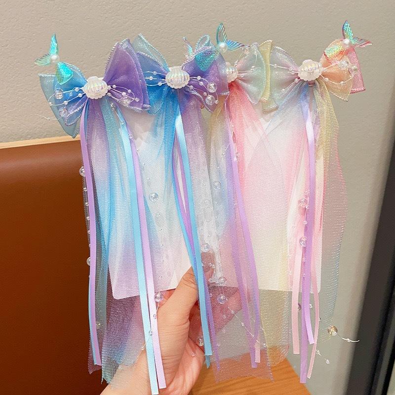 1 Pair Fishtail Shell Puprle Ribbon Headband Baby Mermaid Dress Up Hairpins Girls Bow Tie Braided Flower Hairpin Accessory