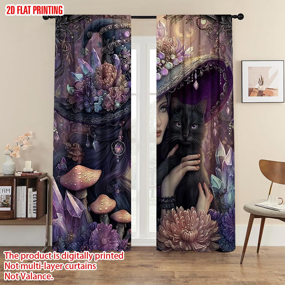2pcs, plane printing Pattern Curtains Mysterious Witch with Cat and Mushroom Durable Polyester (without rod) All Seasons Ldeal