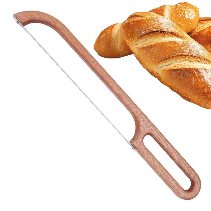Bread Bow Cutter Serrated Bagel Cutter Stainless Steel Sourdough Bread Slicer Portable Bread Cutting Tool with wooden Handle