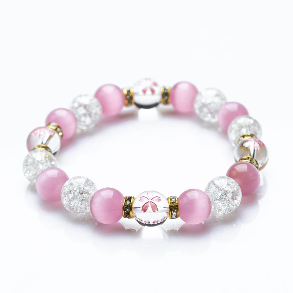 Kyojudo Cherry Blossom Carved Crystal Power Stone Natural Stone Bracelet for Good Protection from and Purification Crystal Women, Luck, Evil, (Cracked