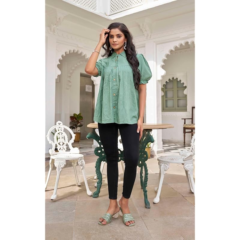 Kesudi Women' Heavy Rayon Solid Tunic With Spread Collared Half Sleeves Short Sleeve And Button Closure BalloonGreen