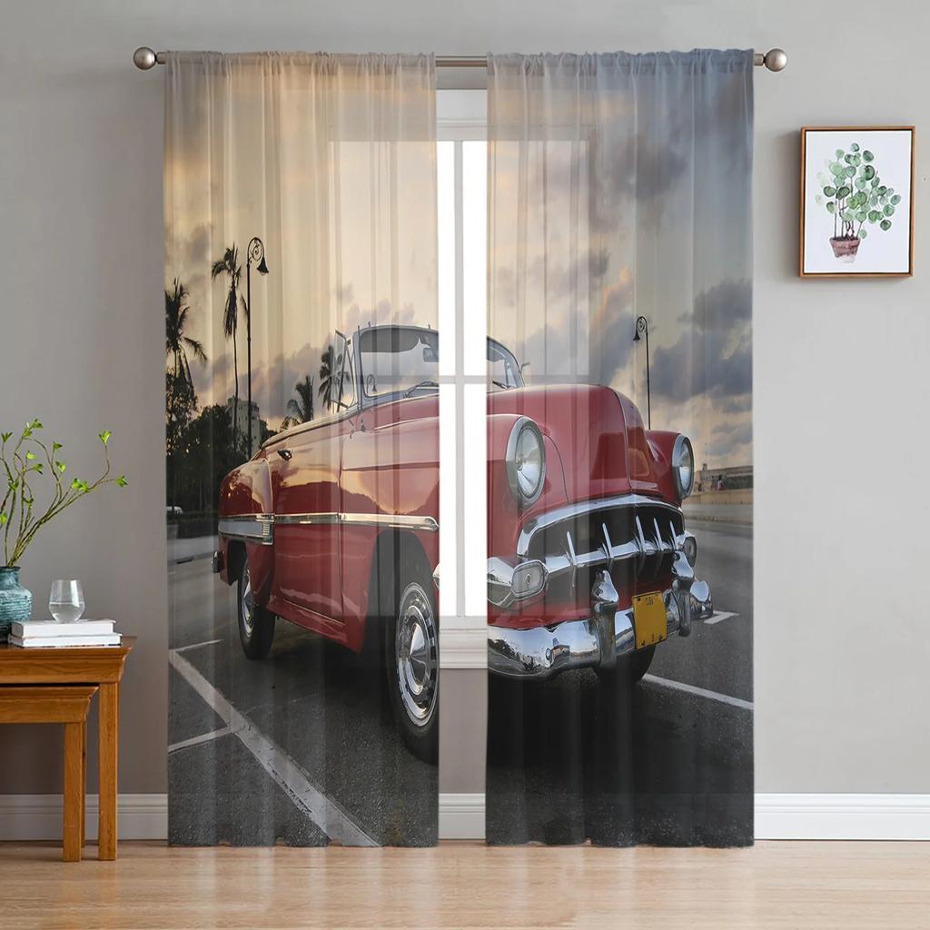 Truck Car Cartoon Voile Curtains Window Treatment Kitchen Living Room Bedroom Decoration Chiffon Tulle Modern Light Filtering Made Of Polyester