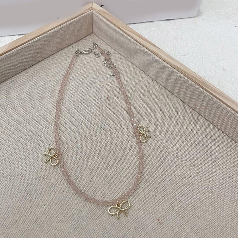 Fashion Elegant Bowknot Charm Necklace Crystal Beaded Clavicle Chain Choker Necklace Statement Jewelry Neck Chain