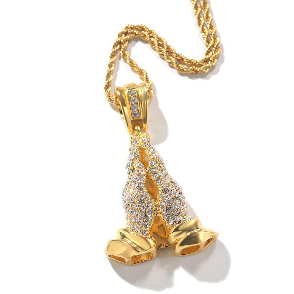 Niche hands together full of diamonds, pendant, sweater chain, zinc alloy, retro men's necklace, alloy accessories.