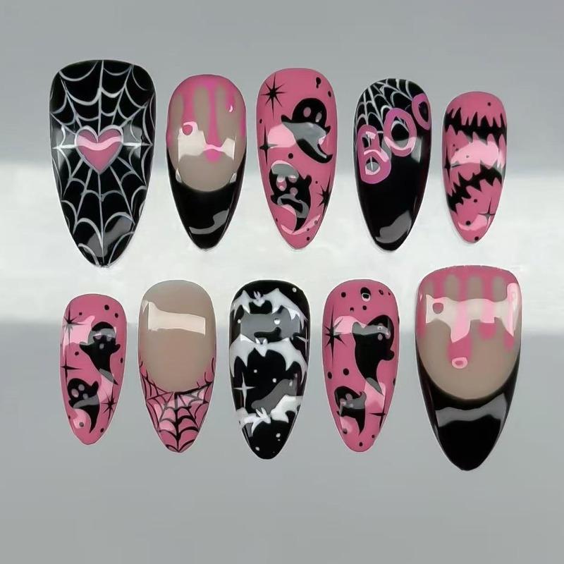 24PCS Halloween Almond Press on Nails Pink Black Ghost Bat Spider Web Heart Patterns False Nails Cute Gothic Y2K Fake Nails Tips