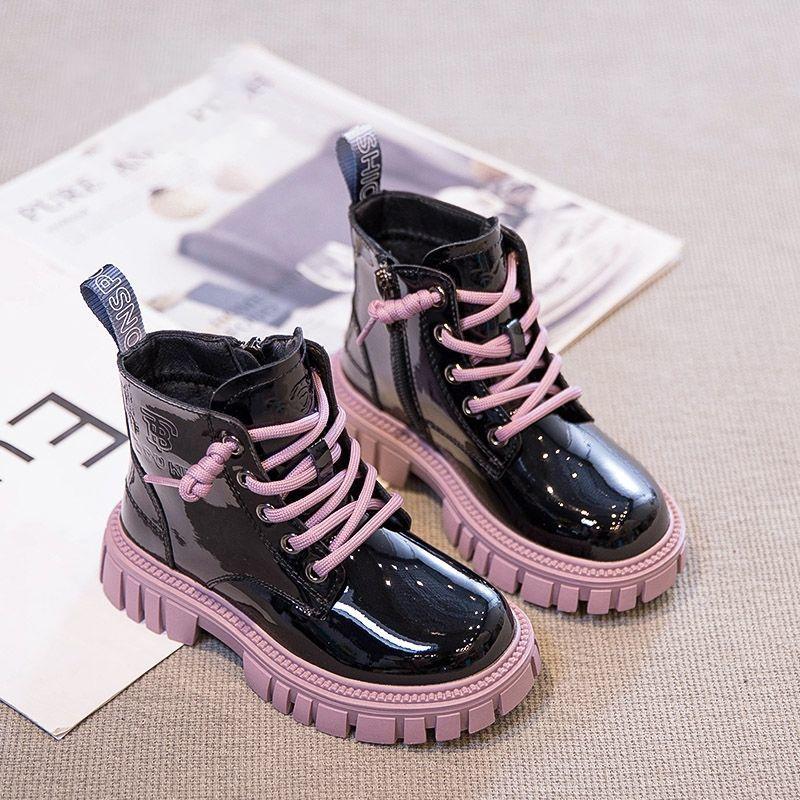 Girls Martin boots winter new children's boots medium and older children's short boots bright leather baby boots