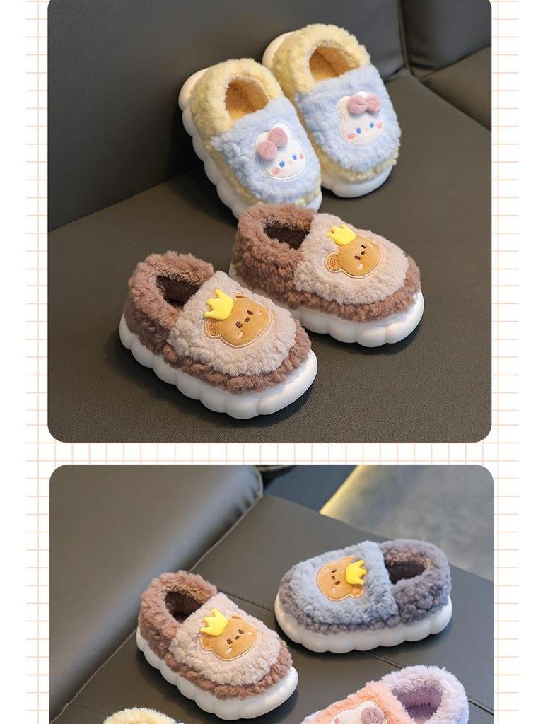 Winter Kids' Cotton Cartoon Slippers – Non-Slip, Plush, Closed-Back for Boys, Girls & Parent-Child Matching