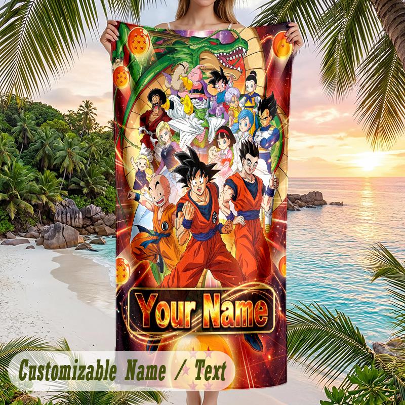 Dragon Ball Beach Towel, Personalized Custom Name Text, Quick Dry Large Absorbent Towel For Beach Pool