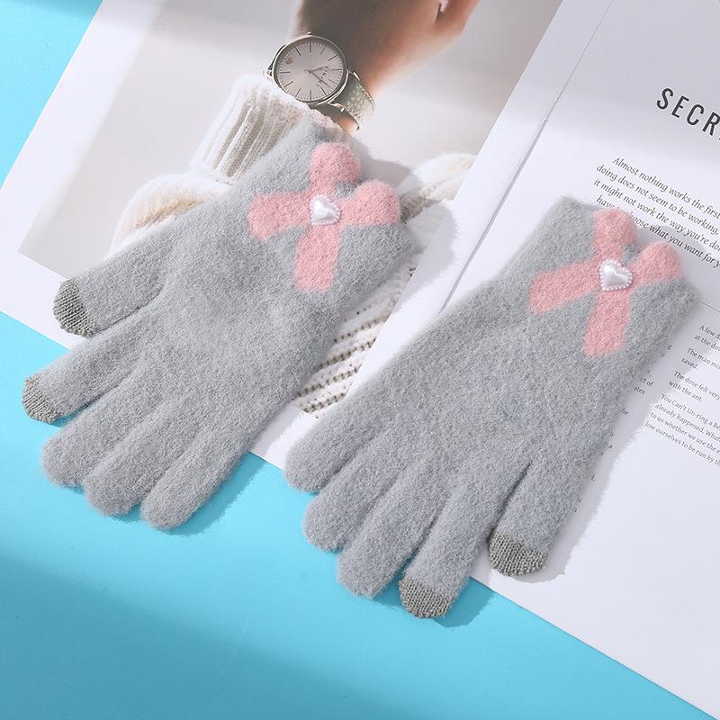 

New Knitted Warm Gloves for Women In Winter Cute Bow Touch Screen Five Fingers One Size