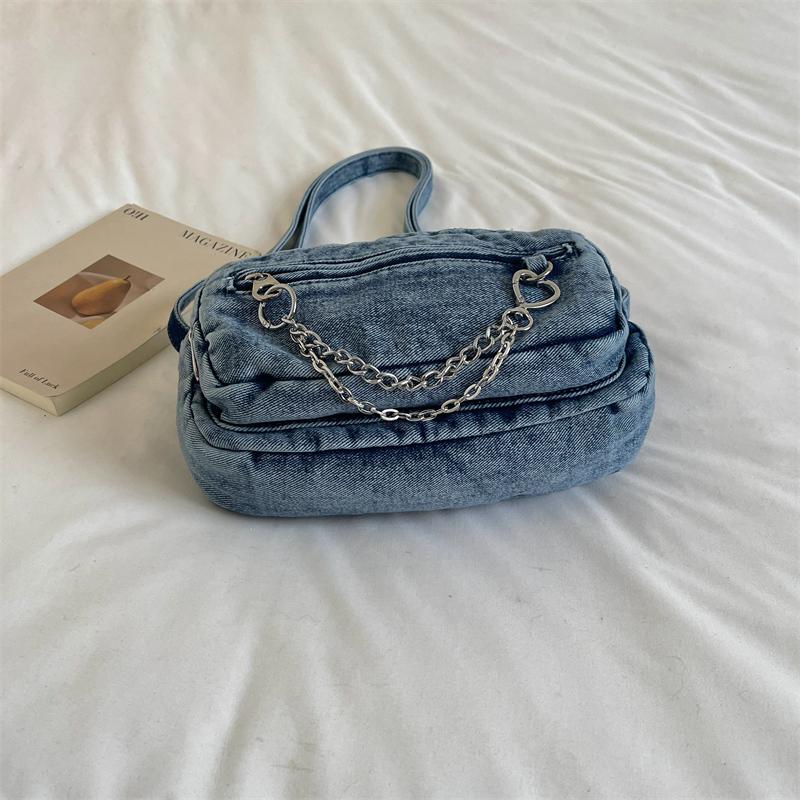 Washed Denim Crossbody Bag with Front Zipper Pocket and Decorative Chain Detail Casual Shoulder Purse for Women Daily