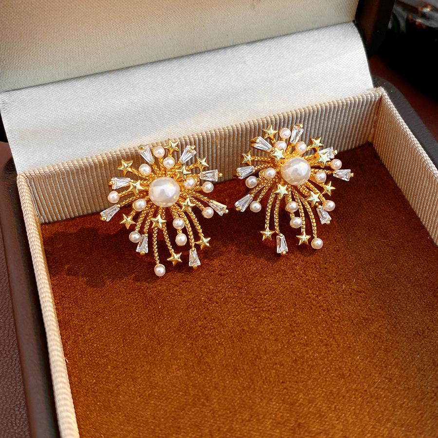 Silver needle New Year's red zircon fireworks pearl stud earrings retro temperament versatile earrings light luxury high-end earrings women