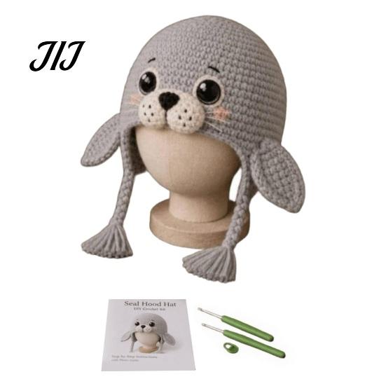 Creative Hobby for Adults Animal Hood Hat Crochet Kit, DIY Earflap Holiday Gift Idea Cute Craft Kit Beginners, Handmade Winter Headwear Complete Yarn