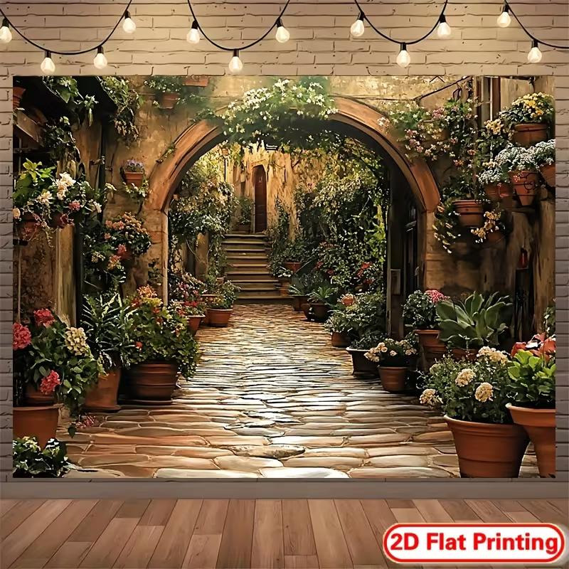 2D Mediterranean Flower Alley Backdrop Rustic Stone Path Photo Booth Background
