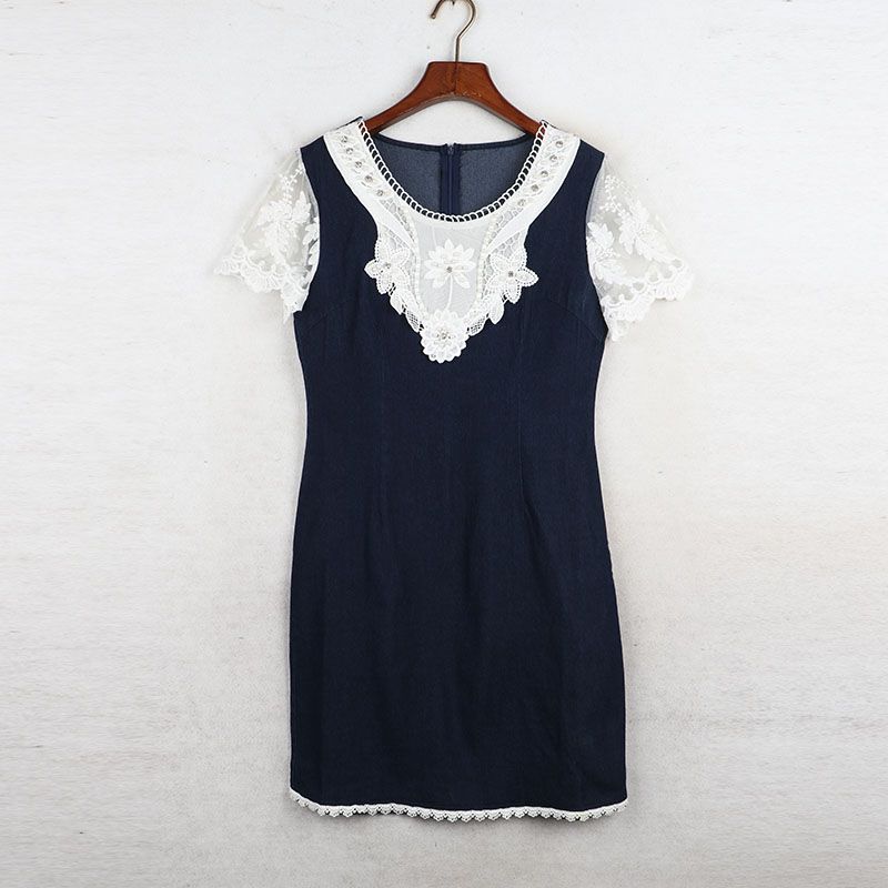 

Sunshine House Summer New Arrival K-style Women s Clothing Lace Patchwork Short Sleeve Denim Skirt Dress Slim Looking Silm Dark blue Bust size 86