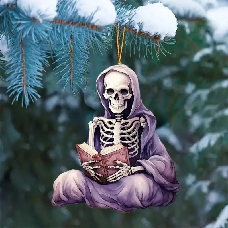 Halloween Flat Acrylic Surface Pendant With Reading Skeleton Design Decor For