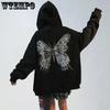 Y2K Zip-up Preto Hoodie Feminino Graffiti Borboleta Padrão Impressão Moletom Hip Hop Streetwear Outono Harajuku Kawaii Hoodies