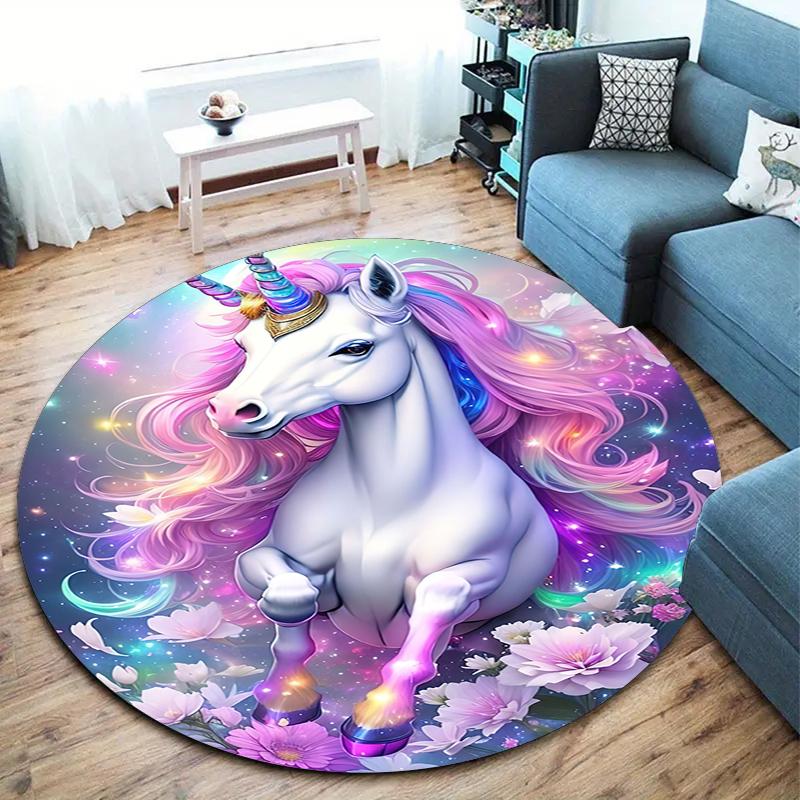 1Pc Cute Unicorn Circular Print Rug - Home Decoration Carpet For Living Room Bedroom Flooring Computer Chair Area Rug
