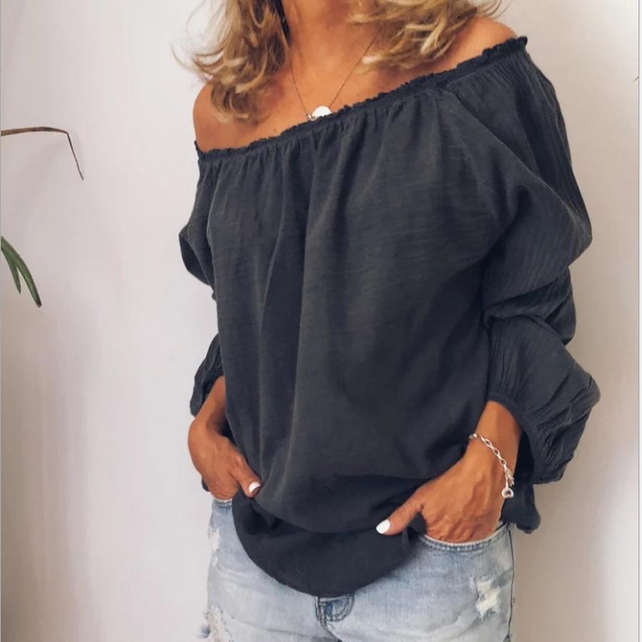 Autumn Wish One-Sleeve Elastic Waist Pleated Wrinkle Cotton Linen Solid Color Long Sleeve Women's Shirt