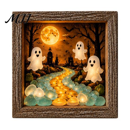 Desktop Mantel Decor Halloween Shadow Box Frame DIY Lighted Craft Kit, Wooden Night Light with Kit for Adults Sea Glass Stones, Gothic LED Memory