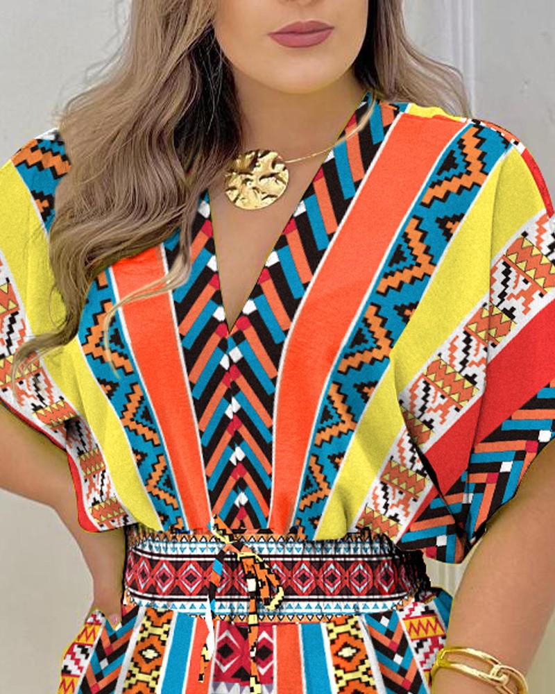 2024 Summer European & American Women's V-Neck Tie Short Sleeve Jumpsuit
