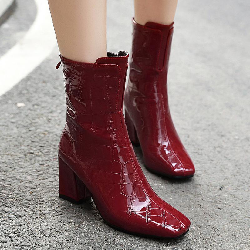 Autumn Women's Ankle Boots Shoes Snake Leather Block High Heel Red White Short Boot Female Fashion Winter Shoes Large Size 48