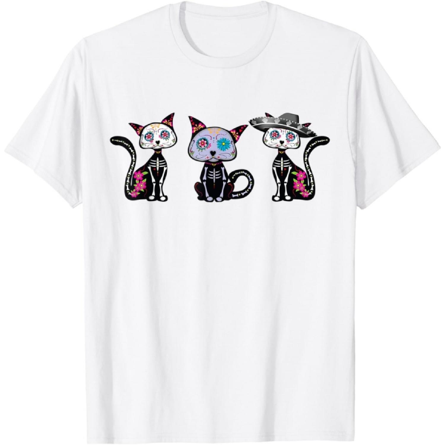 Day Of The-Dead Cats, Mouse and Fish Skeleton Muertos T-Shirt XXXXXL белый