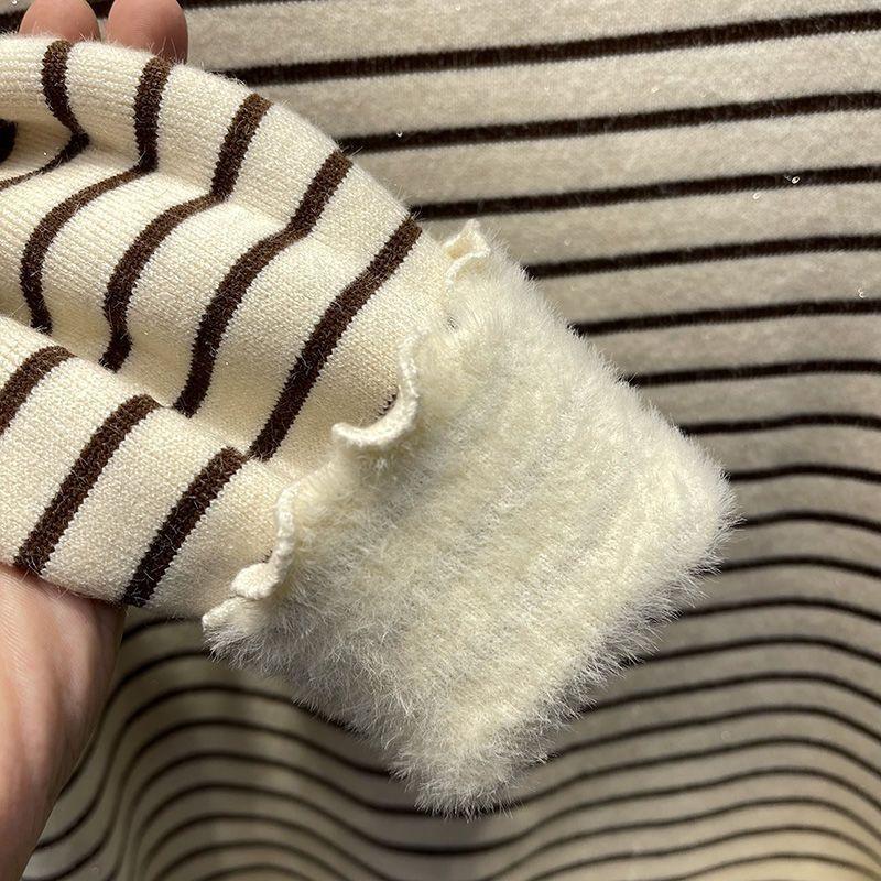 Autumn Winter Thickened Fleece-lined Pullover Elegant Long Sleeve Inner Wear Tops New Style Striped Warm Casual Tops Women 2025