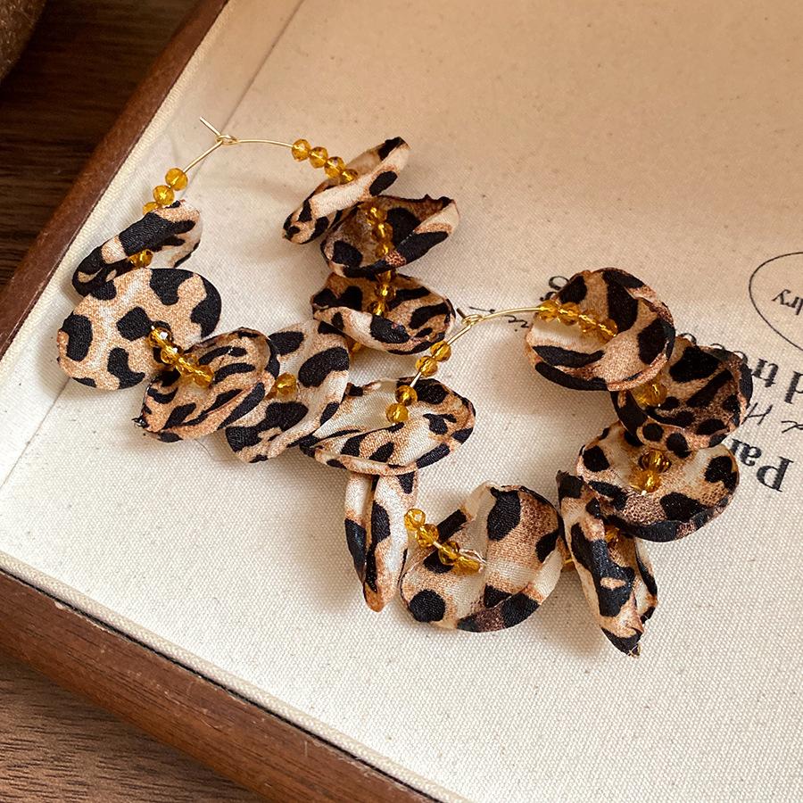 European and American retro fabric flower fringed leopard print earrings earrings personalized temperament earrings women