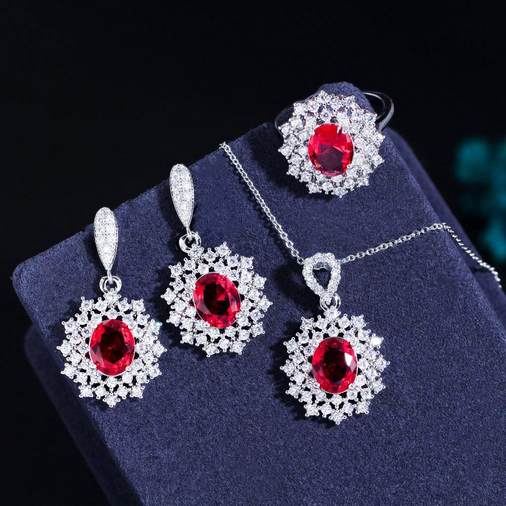 Necklace, Earrings, Ring, Ruby Three-Piece Chain, Micro-Zircon Popular Jewelry.