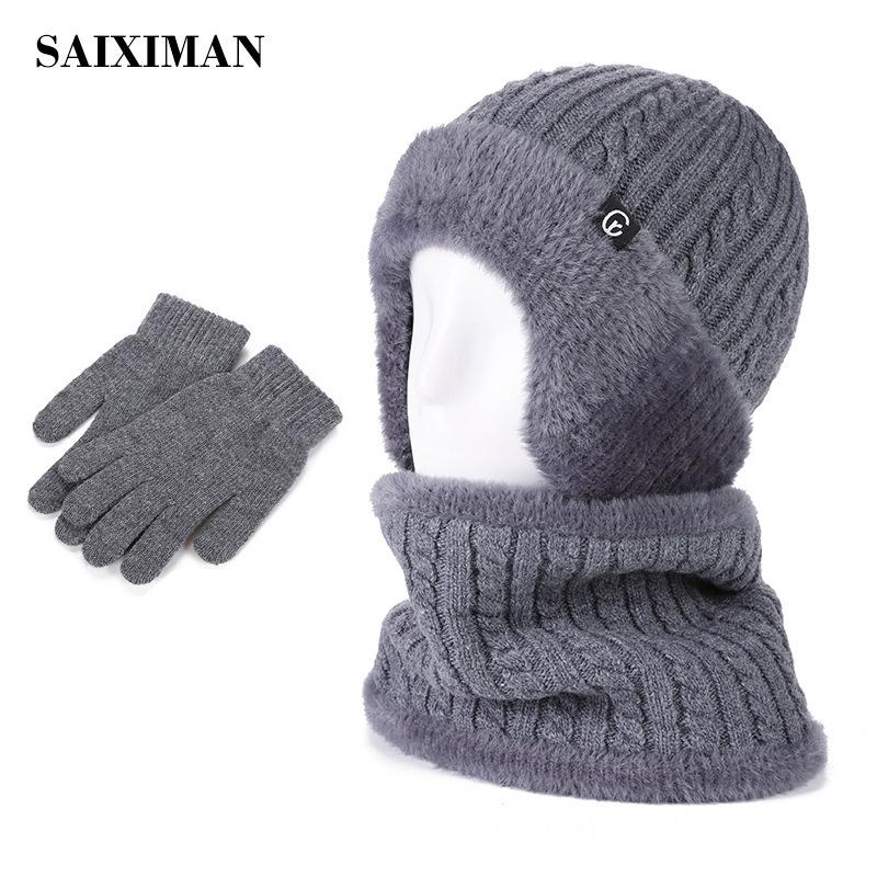 

Вязаная шапка зимняя шапка для пожилых женщин зимняя бархатная теплая шерстяная шапка мужская защита ушей шарф average size (hat only)