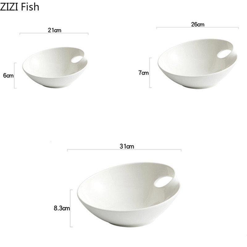 Creative White Salad Bowl Japanese Lamian Noodles Bowl Household Living Room Snack Fruit Plate Nordic Kitchen Ceramic Tableware