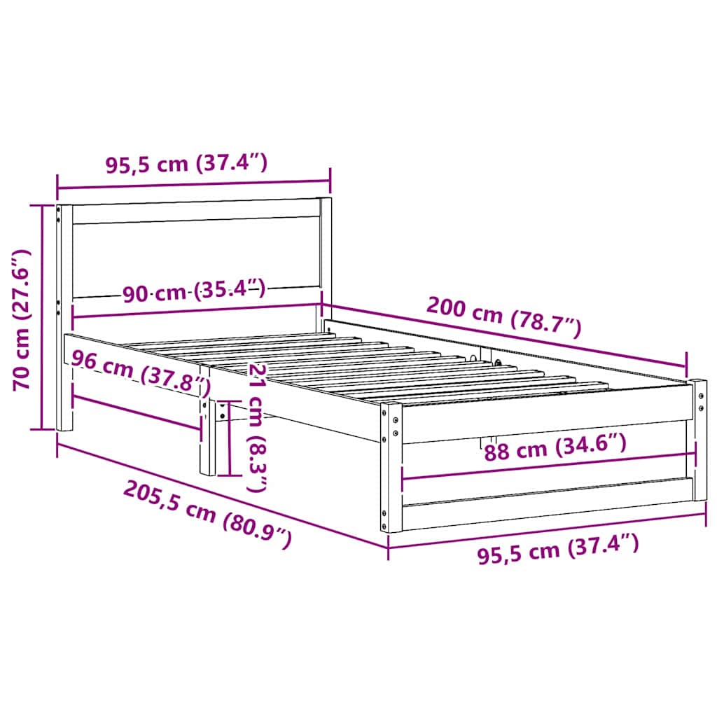 Natural Wooden Bed Frame with Headboard 90 X 200 Cm Solid Pine Wood