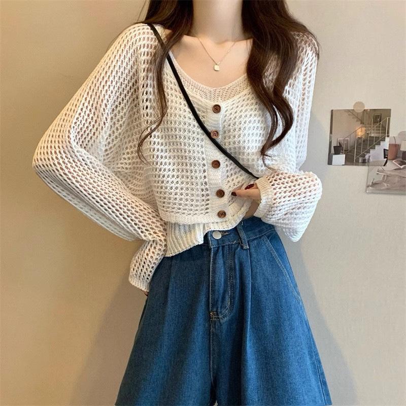 Long-sleeved Hollow Suspenders Two-piece Knitted Sweater Spring and Summer New High-end Blouse Versatile Pure Desire Top Coat