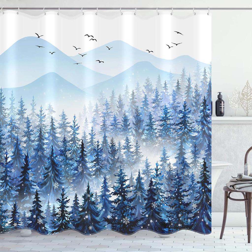 Winter Forest Shower Curtain Blue Snowy Trees Mountain Scene Nature Art Holiday Design Bath Decor Waterproof Fabric Home