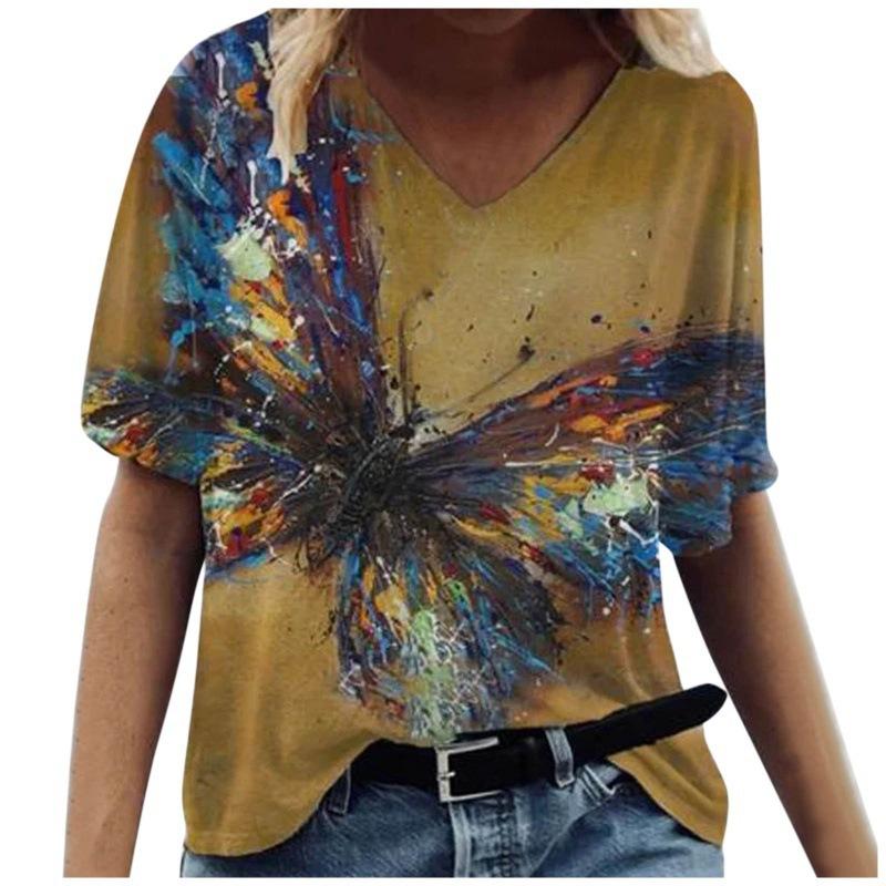 Sommer V-Ausschnitt 3D Schmetterling bedrucktes Top Modische lässige kurzärmelige Damen T-Shirts