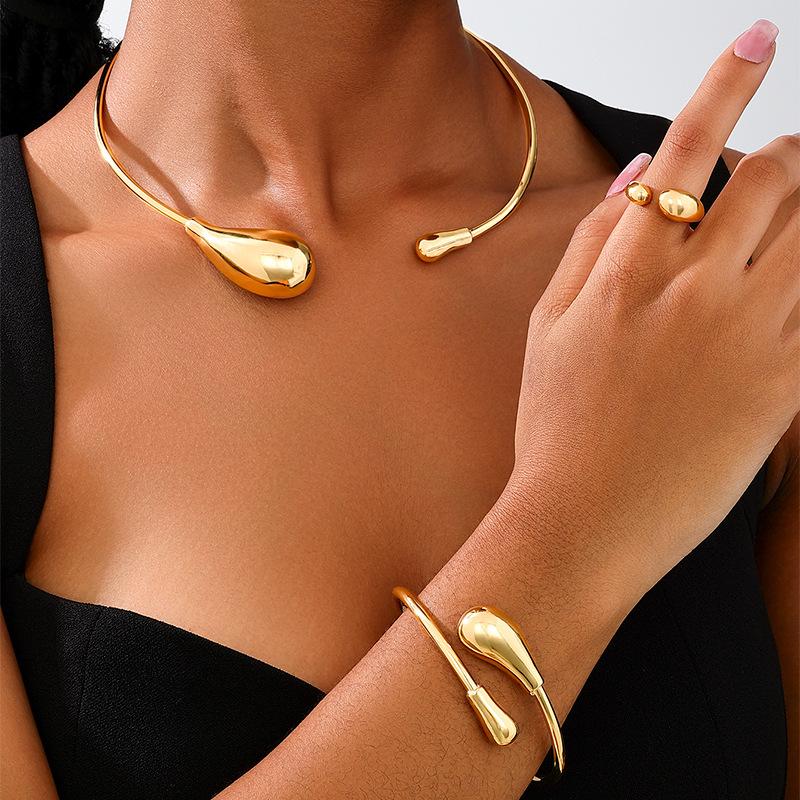 DIEZI 3pcs/set Vintage Torque Necklaces Bangles Rings Set For Women Punk Geometric Gold Silver Color Metal Hip Hop Jewelry Set