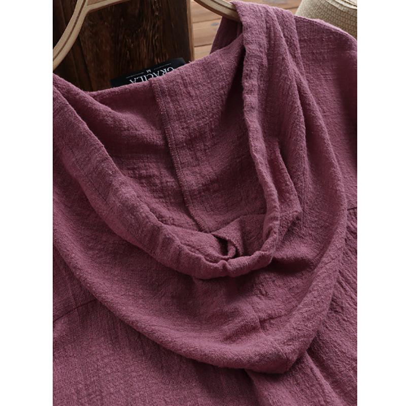 Bluse Damen Kordelzug Baumwolle Leinen Einfarbig Hut Locker Kapuzenpullover Langarm Strickjacke Hemd