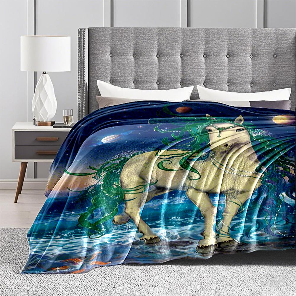 Fantasy Horse blanket with Ocean and Planet Background, Elegant Design blanket, suitable for use in the bedroom, living room, on the sofa