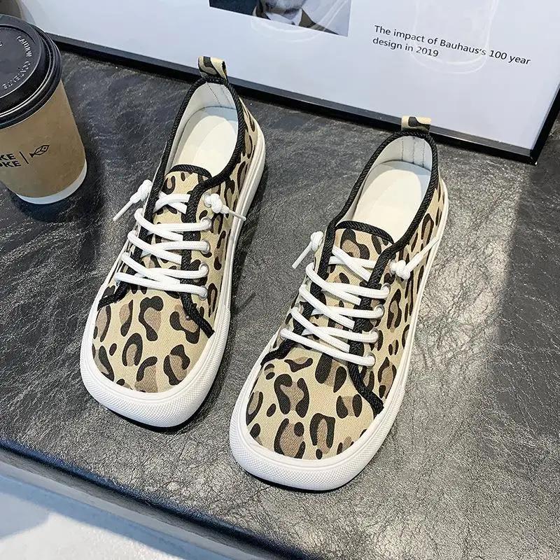 Platform Canvas Shoes for Women New Square Toe Laces Korean Fashion Sneakers Plaid Leopard Print Student Single-Layer Shoes