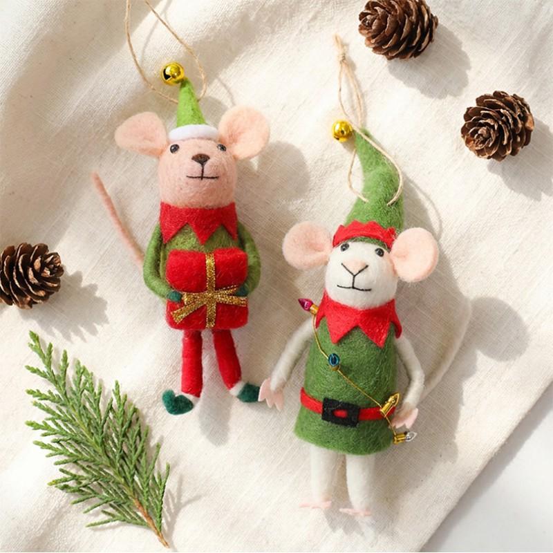 Felt Mouse Ornament Christmas Tree Decoration Handheld Gift Set With Light Belt Design Holiday Hanging Decor