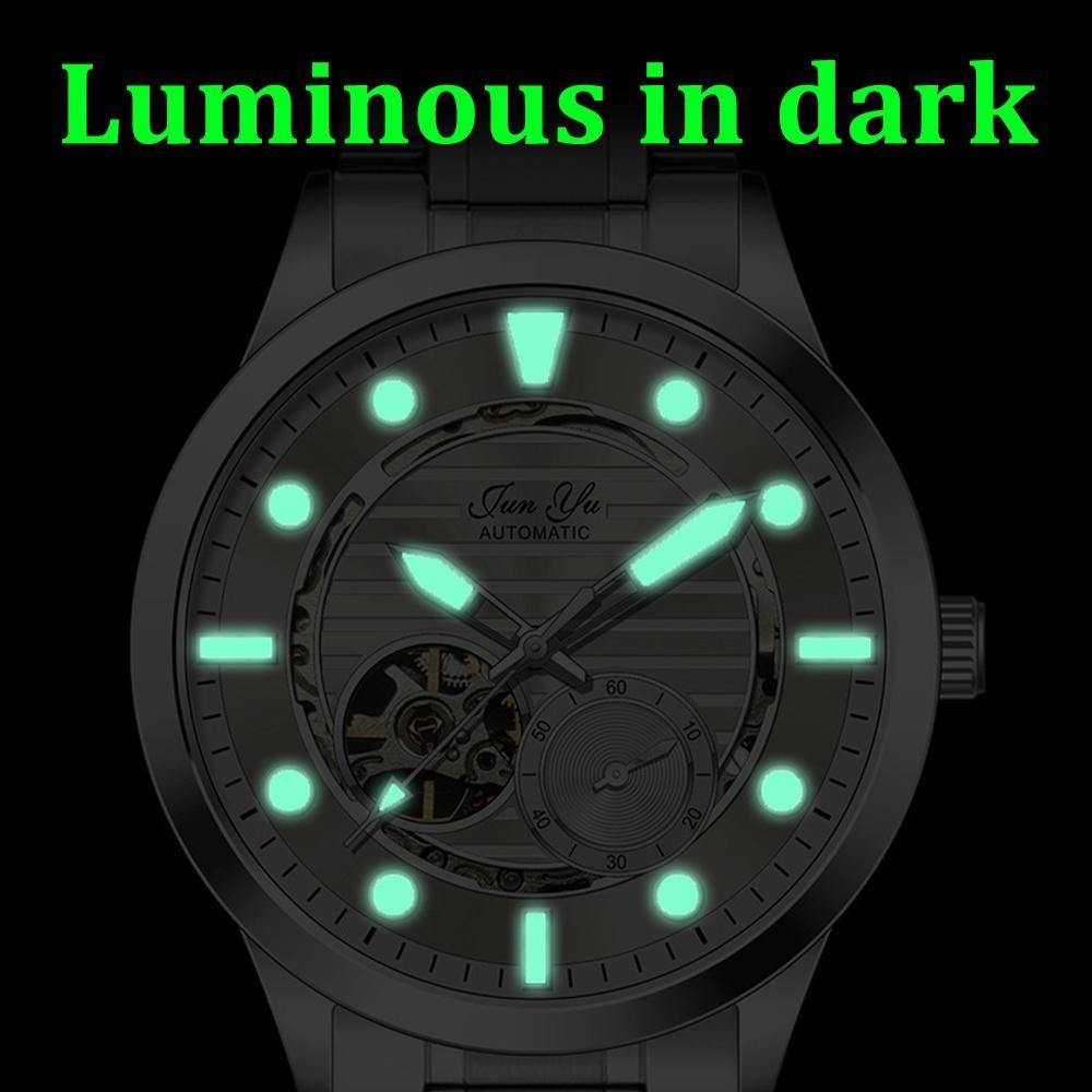 Mens Automatic Mechanical Watch Grey Skeleton Dial Luminous Hands Waterproof Business Wristwatch