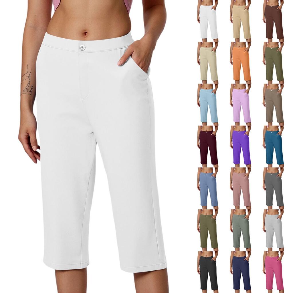 Women's Fashionable Solid Color Button Pocket Pants With  High Waist Sports Yoga Casual Cropped Pants
